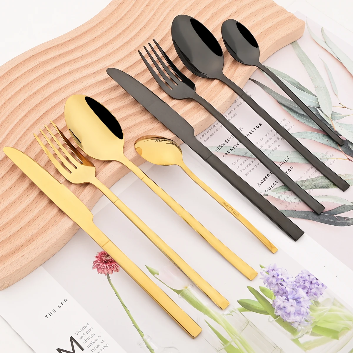 

24Pcs Black Gold Dinnerware Set Knives Fork Coffee Spoons Cutlery Set Stainless Steel Flatware Tableware Home Kitchen Silverware