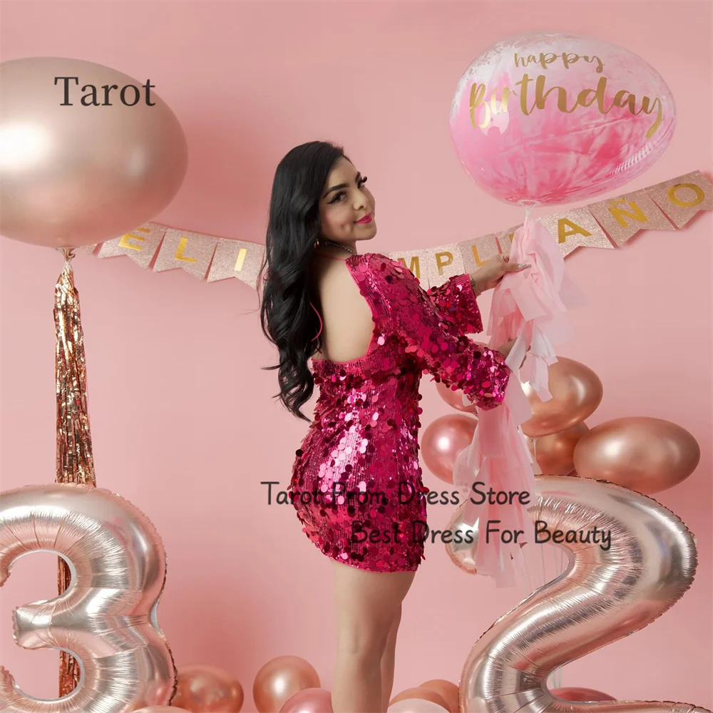 TAROT bodycon ชุดพรอมสั้นมินิเดรสเซ็กซี่เปิดหลังปลอกเลื่อมแขนยาวแบบทางการสำหรับงานเลี้ยงวันเกิด