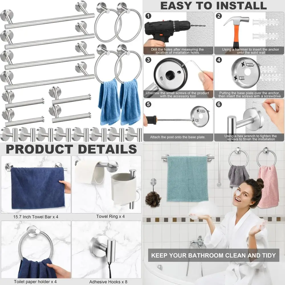 

Stainless Steel Bathroom Hardware Set: 20-Piece Towel Bar, Hooks, Rings, Toilet Paper Holder, 15.7 Inch Bar Length - Complete Ac