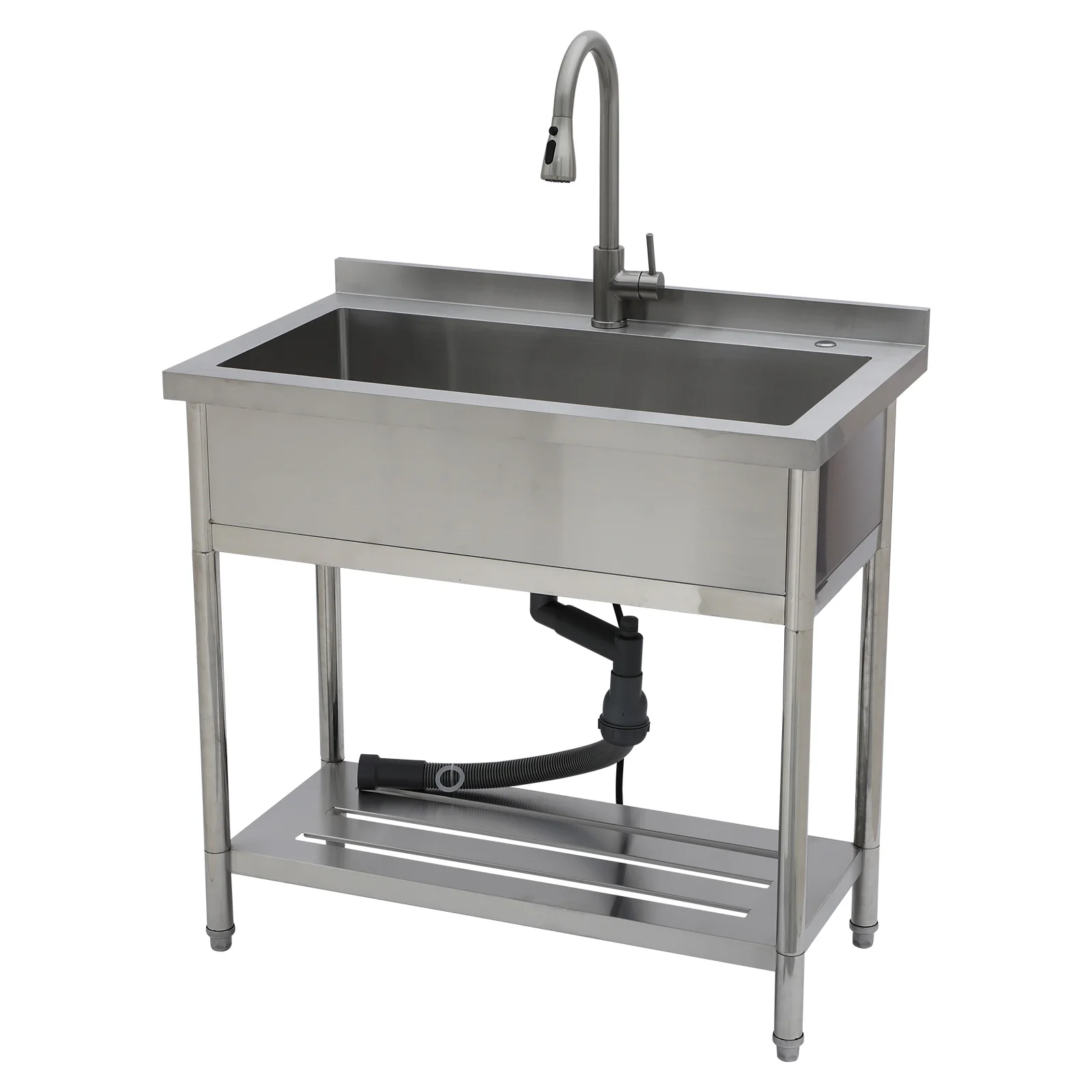 Commercial Stainless Steel Single Bowl Freestanding With Pull-Out Faucet For Laundry Indoor And Outdoor Sink Pet Cleaning