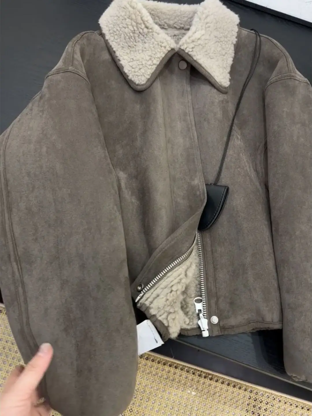 Retro Wildleder-Lederjacke mit Fellbesatz für Damen, Wintermode, Gefütterte Warme Jacke, Koreanischer Stil, Stehkragen