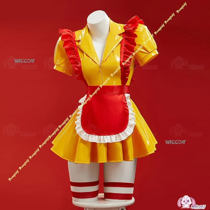 Disfraces de Cosplay uniforme niñas M rojo amarillo mujeres delantal C vestido falda sombrero calcetines fiesta escenario ropa Sexy Navidad Halloween conjunto
