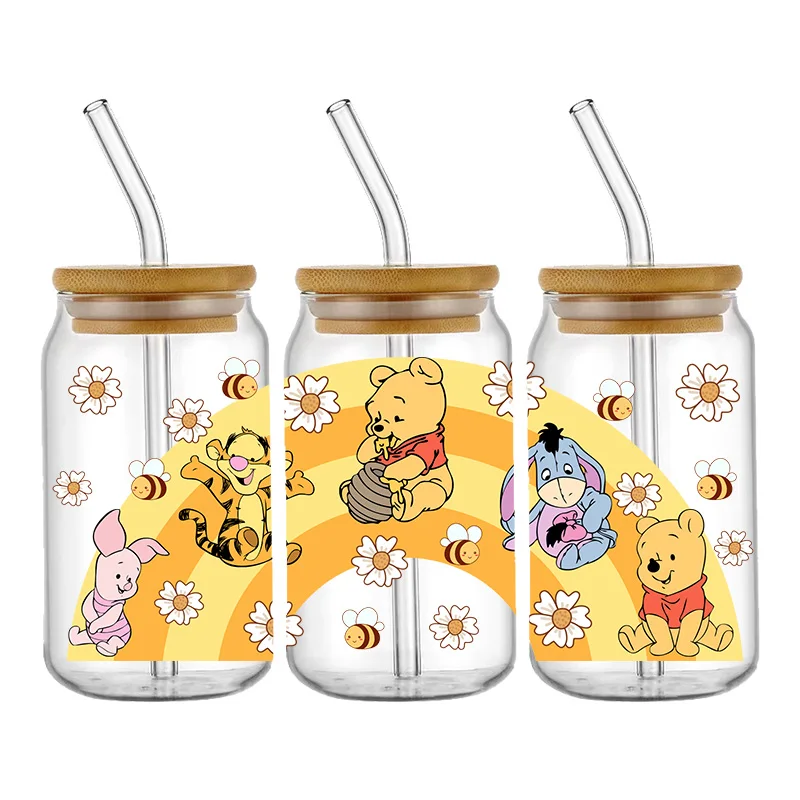 Disney Cartoon Adesivo de Transferência Impermeável, Urso Ursinho Pooh Padrão, UV DTF, Transfere Decalques para Copo de Vidro 16oz, Envoltório Adesivos