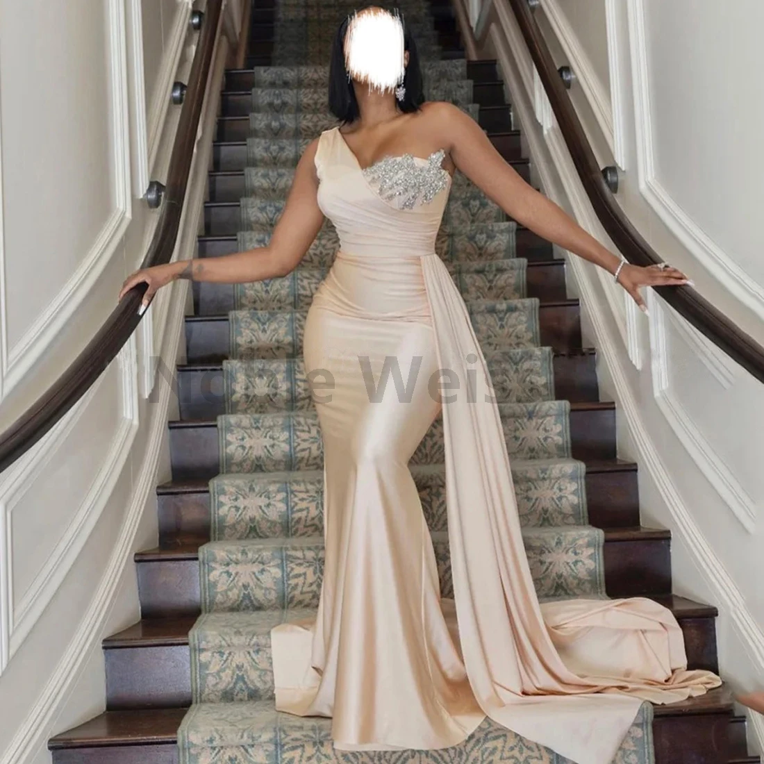 

One Shoulder Mermaid Evening Dress Satin Beading Formal Evening Gown Customize