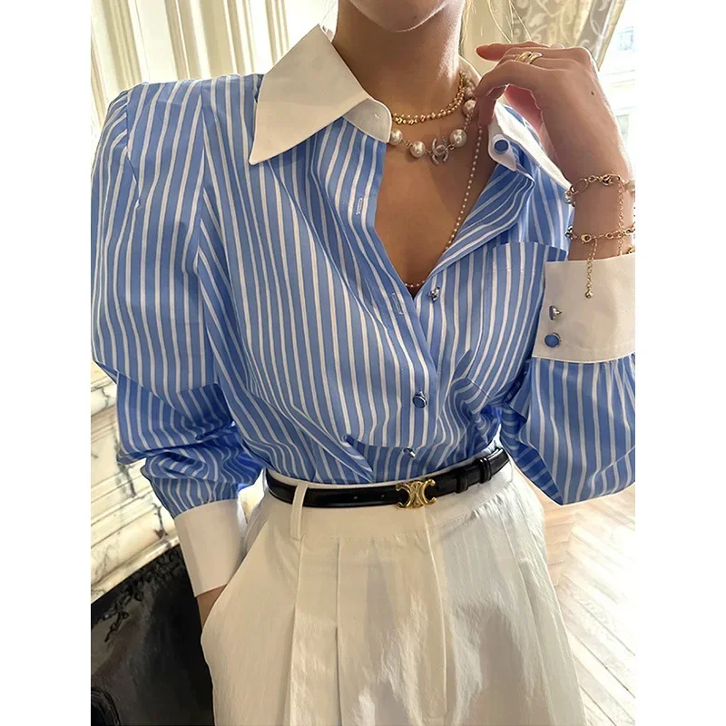 Elegant Women Shirts Korean Striped Red Fashion Turn Down Collar Office Ladies Tops Long Sleeve Causal Female Blouse