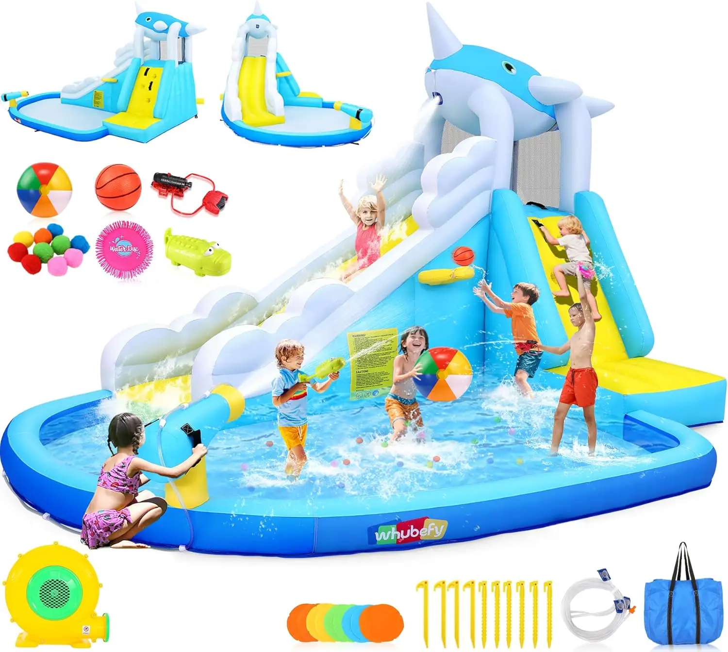 12x8.5 ฟุตสไลด์น้ําทําให้พองสําหรับเด็ก Backyard w/6 ของเล่นน้ํา & Inflatable Balls, blow Up Waterpark w/Whale Spout Slide, Spl