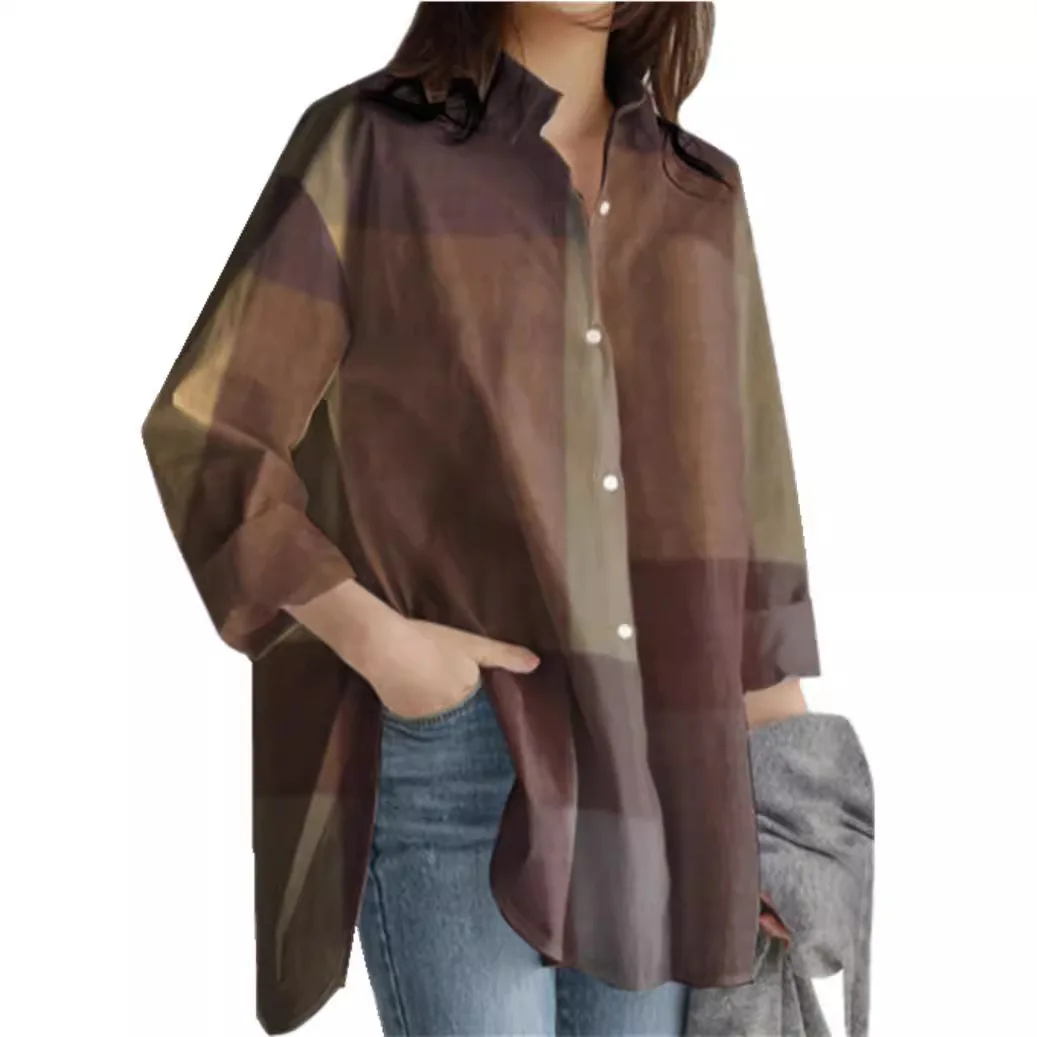 

2025 Autumn Womens New Long-sleeved Lapel Irregular Color Block Shirt For Women's Office Commuting Versatile Fashion Loose Shirt