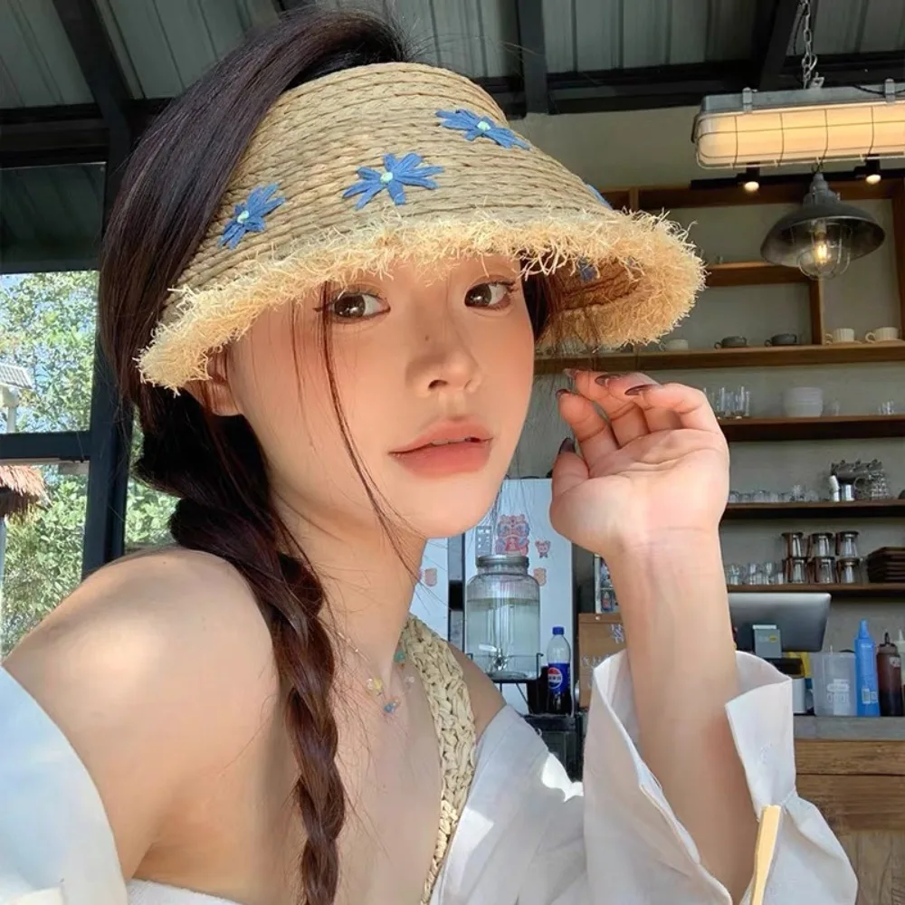 

Sweet UV Protection Lafite Straw Hat Daisy Flower Empty Top Hat Weave Boho Outdoor Visor Cap Woman/Female