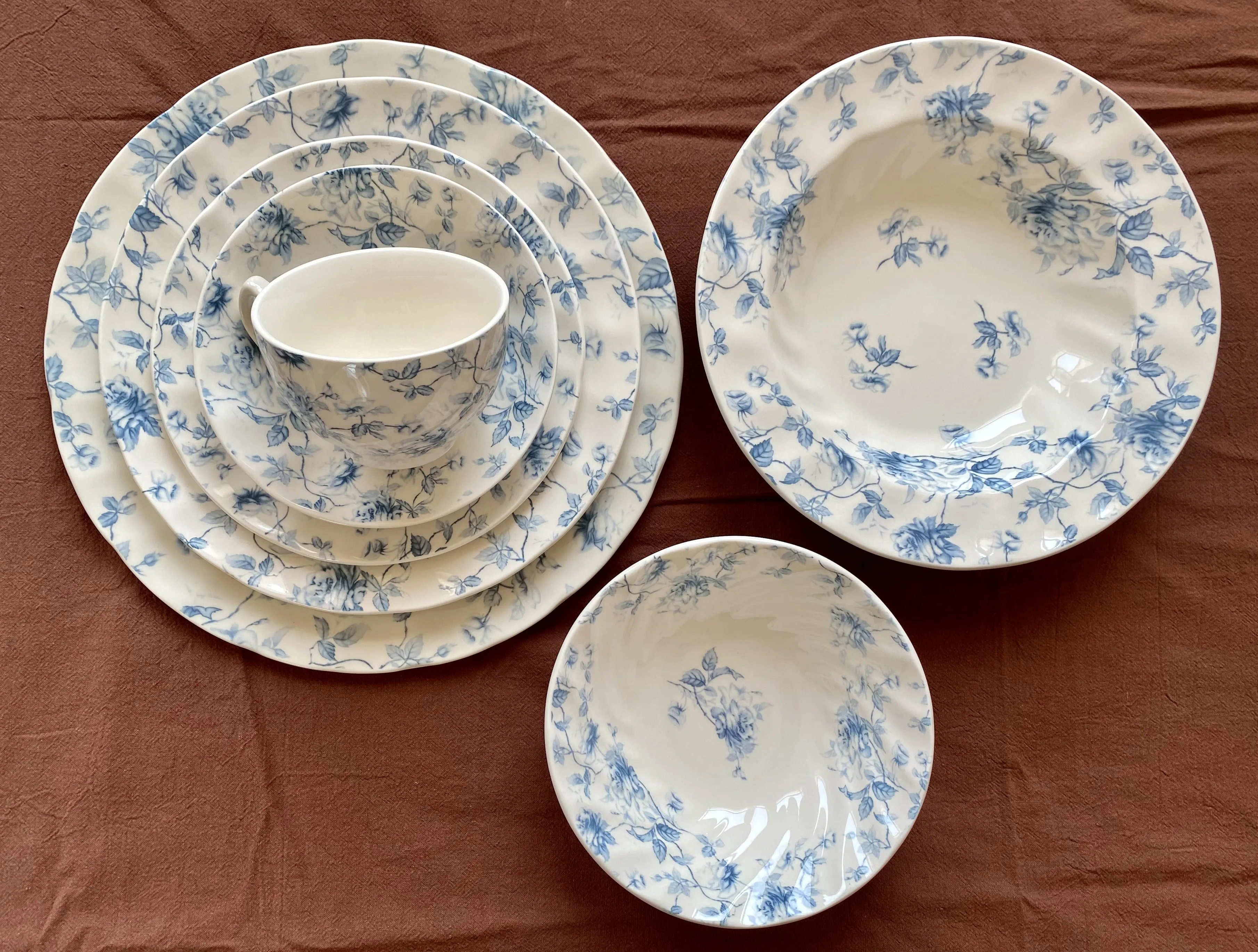 

British underglaze blue flower dinner plate, breakfast plate, cereal bowl, soup plate, coffee cup