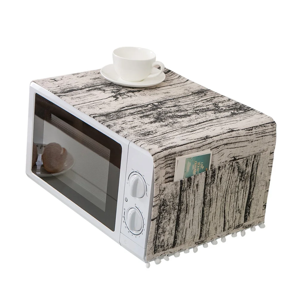 

Microwave Oven Dust Cover 30x90cm Wood Texture Cotton Fabric Dustproof Pocket Design Decorative Oven Protective Cover for Home