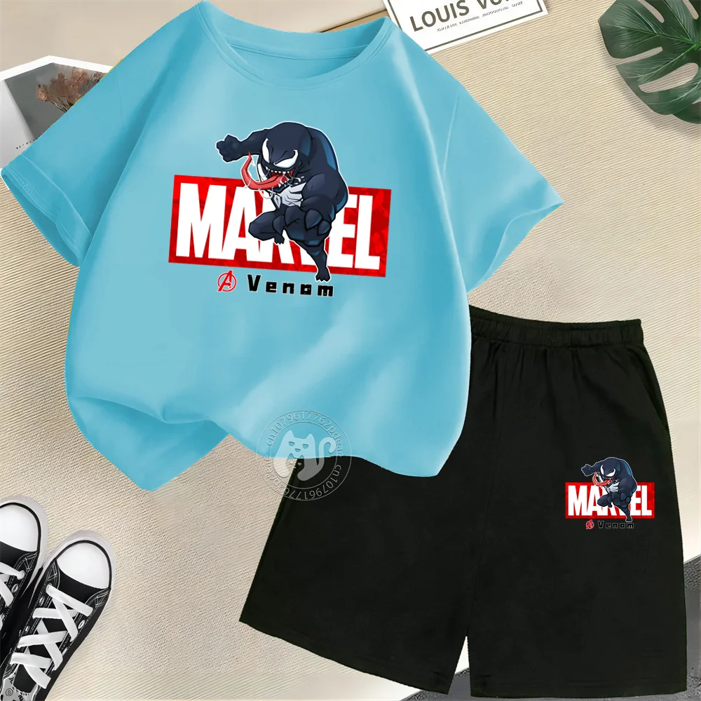 Marvel Venom Print Summer 100% Cotton T-shirt + Shorts Kids Set Boys Girls Cartoon Fashion Street casual comfort kids wear