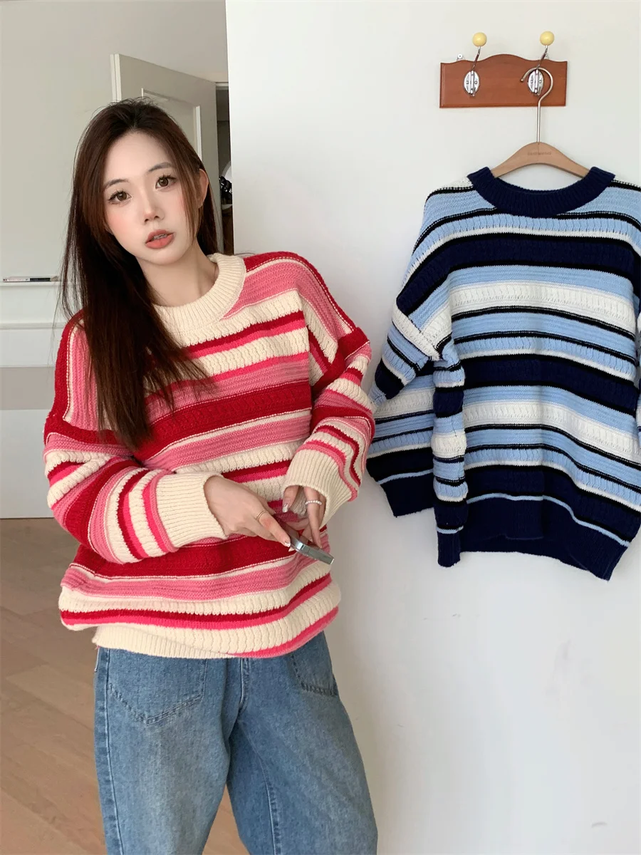 

Autumn and Winter Women's Knitted Sweater Loose Casual Pink Stripe Pullover