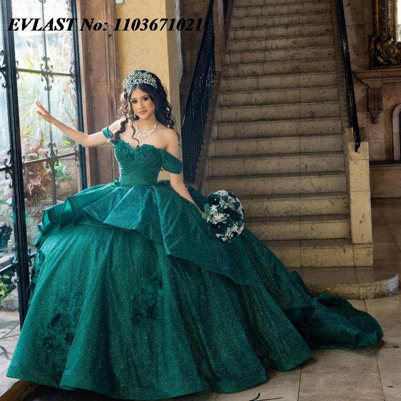 EVLAST Customized Glitter Green Quinceanera Dress Ball Gown Lace Applique Beading Corset Sweet 16 Vestidos De XV Anos SQ344