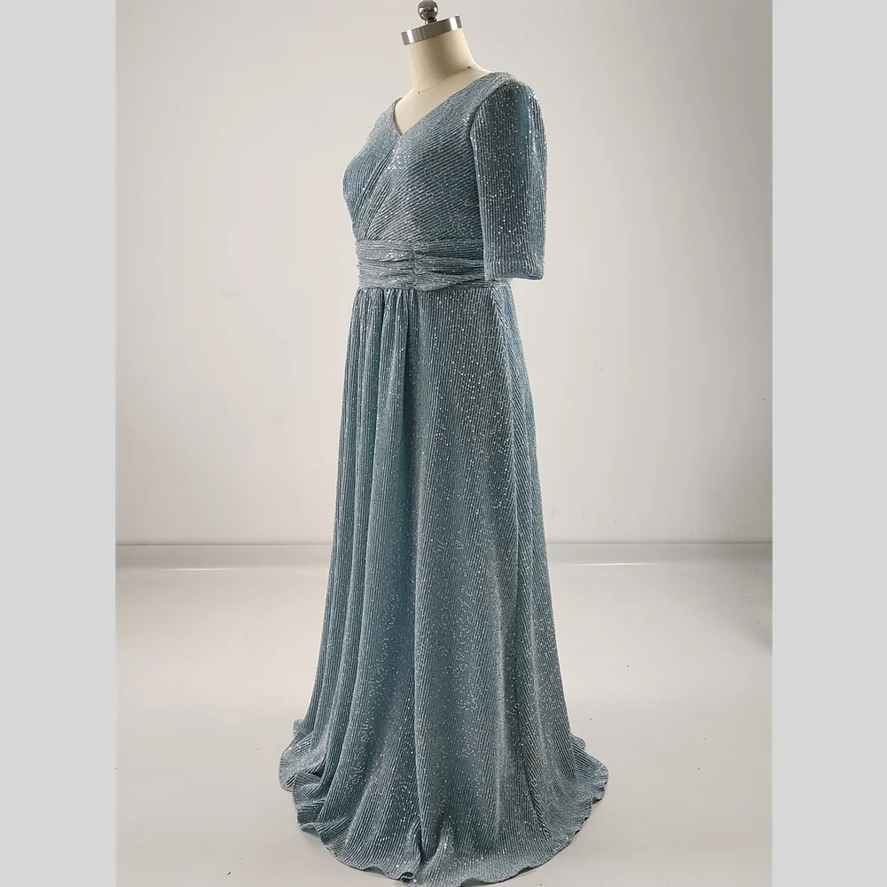 Real Photo Evening Dress Sky Blue Sequins V-neck Half Sleeve Pleat A-Line Robe De Soiree Floor-lenght Plus size Women Party Gown