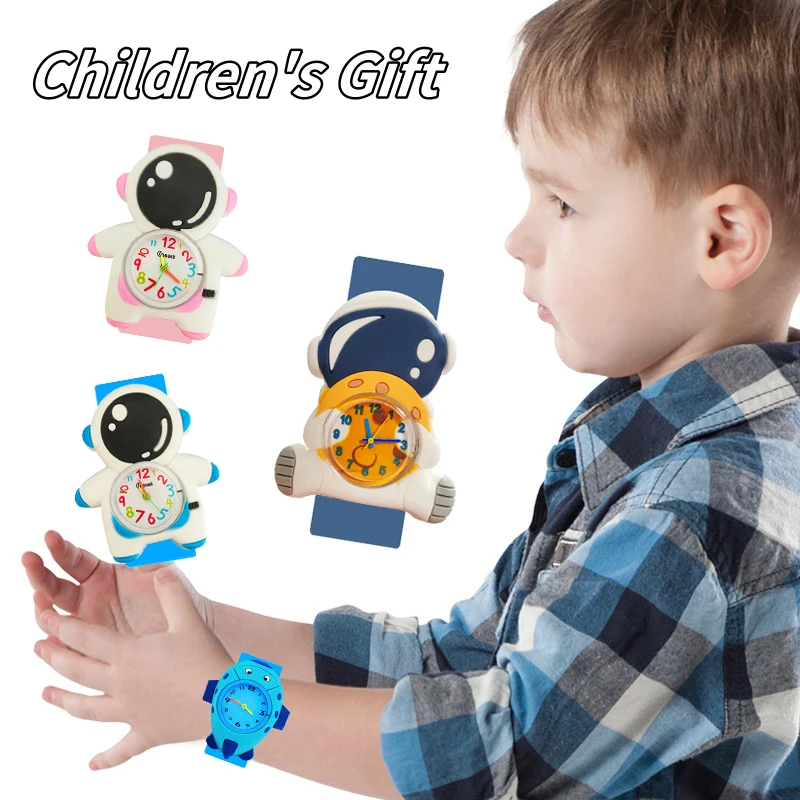 Cartoon Astronaut Spacecraft Children Watches Baby Learn Time Toy Kids Slap Watches for Boys Christmas Gift Bracelet