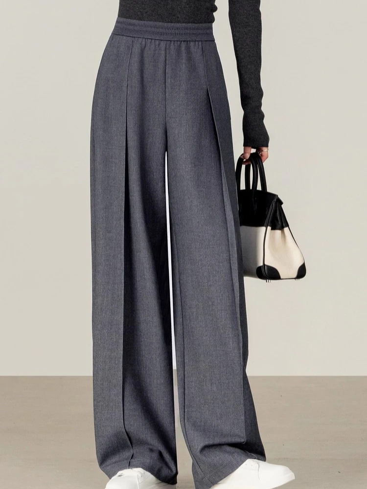 

SENTUBILA Gray Wide Pants for Woman 2025 Autumn Elastic Waistband Wide-leg Trousers Ladies Elegant Bottoms Women 153KN1628