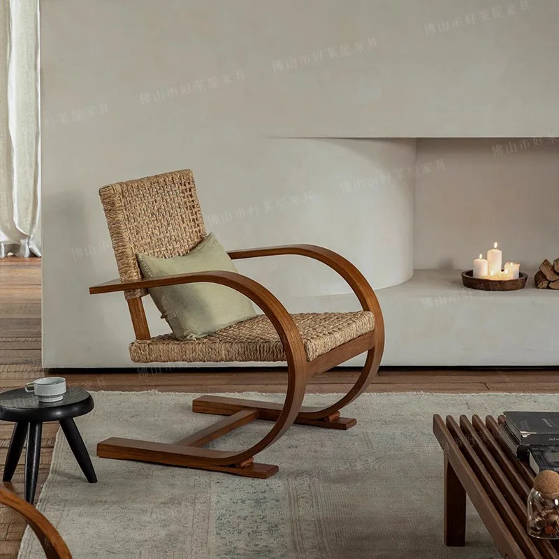 

Medieval replica\ French retro medieval wabi wind living room solid wood straw designer casual sofa chair