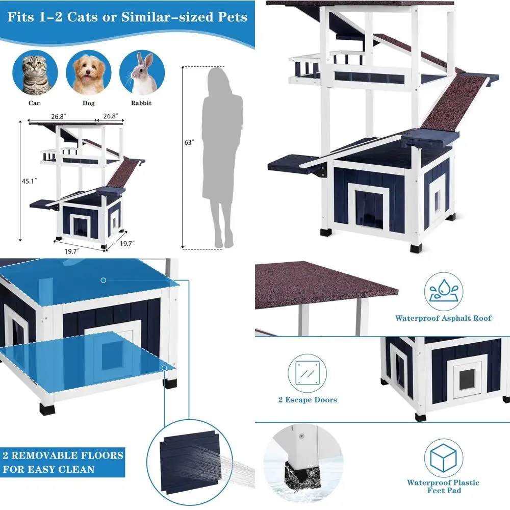 

Многоуровневый уличный укрытие для кошек: водонепроницаемая крыша, 2 входа, съемные полы для бездомных кошек