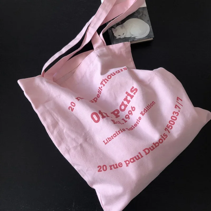 Peach Pink Canvas Shoulder Bag for Women Simple Letter Ladies Large Shopping Bags Thin Cotton Student Girls School Tote Handbags