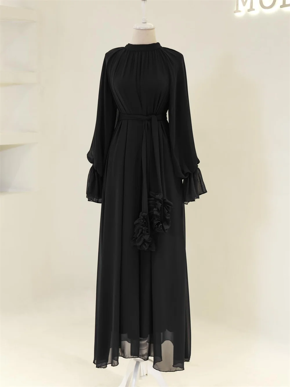 فستان سهرة مخصص من Contessa فستان حفلة موسيقية أنيق رومانسي من الشيفون ثوب رسمي برقبة عالية وأكمام طويلة بحزام مع تفاصيل كشكش