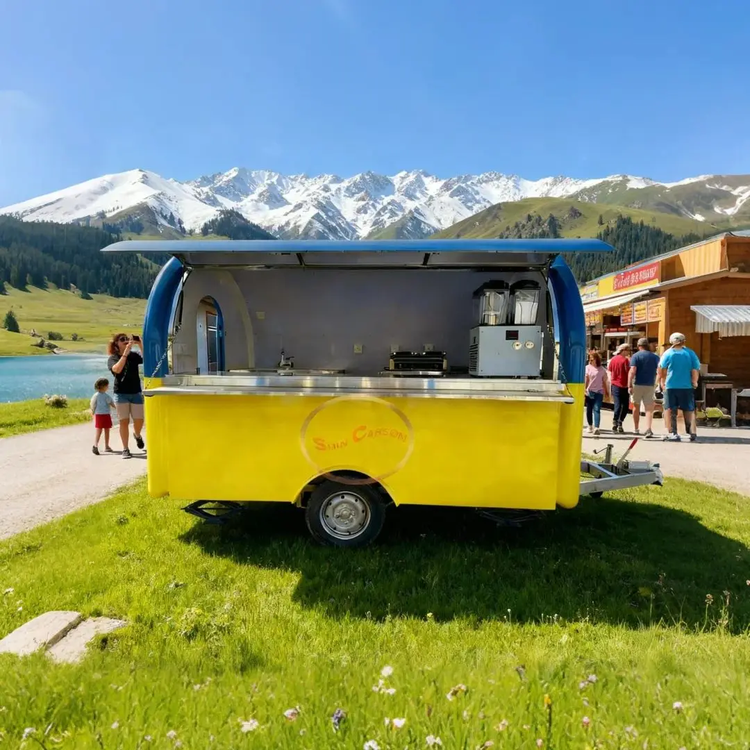 

Outdoor Food Trailer Blue-Yellow Color-Block round Cute Shape High Recognition Street Food Stand Catering Business Vehicle