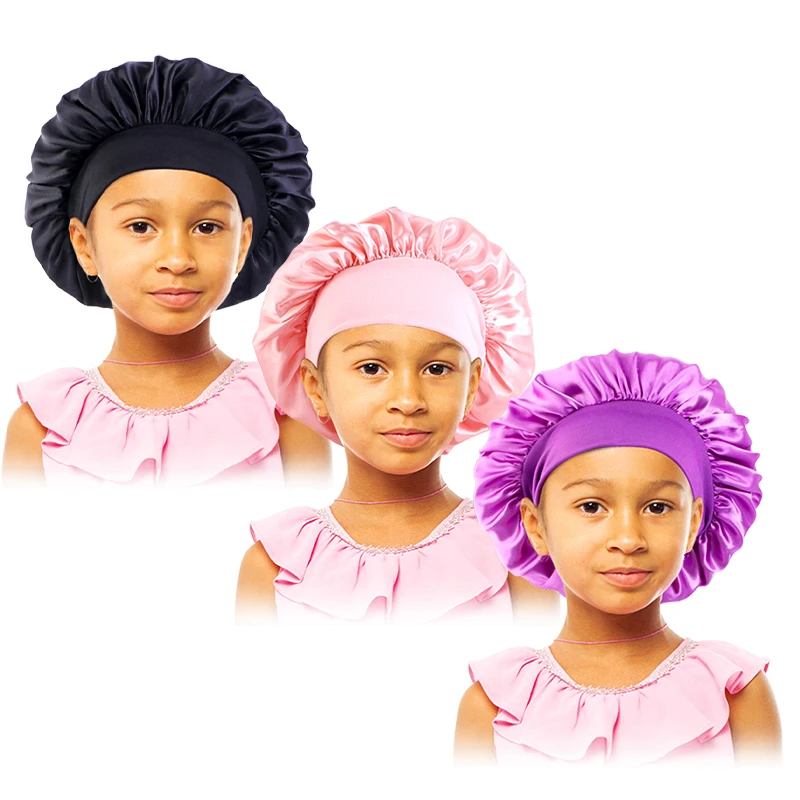 3PCS/LOT Children Elastic Sleepcap Kids Simple Solid Color Satin Bonnets Cute Nightcap Beauty And Hair Care Cap Shower Hat