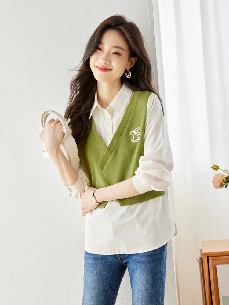 Vimly Fake Two Blouse for Women 2023 Autumn Fashion Turn-down Collar White Long Shirt and Green Knitted Vest Women Blouse M2560