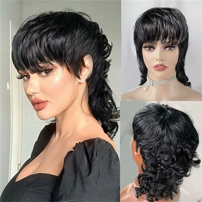 Women Mullet Wigs With Bangs Deep Curly Hair Glueless Brazilian Hair Wigs