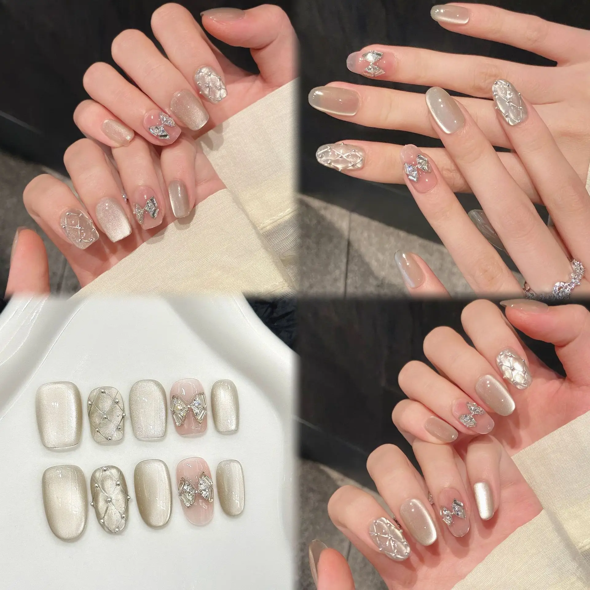 10 stücke Handgemachte Silber Drücken Auf Nägel Rauten Plaid Katzenauge Einfache Falsche Nägel Flash Bowknots Dekor Kurze Gefälschte nagel Für Frauen
