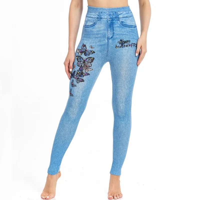 

Имитация джинсовых брюк, женские леггинсы с принтом бабочки, леггинсы для спортзала с высокой талией, сексуальные модные повседневные леггинсы с эффектом пуш-ап