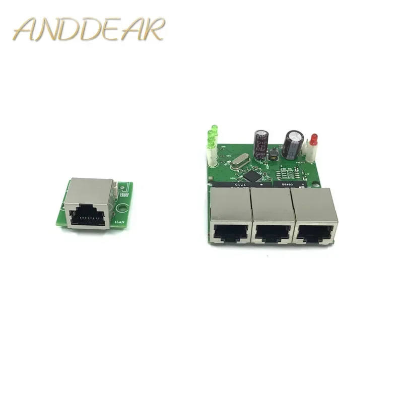 OEM factory direct mini fast 10 / 100mbps 3-port Ethernet network lan hub switch board two-layer pcb 3 rj45 5V 12V head port