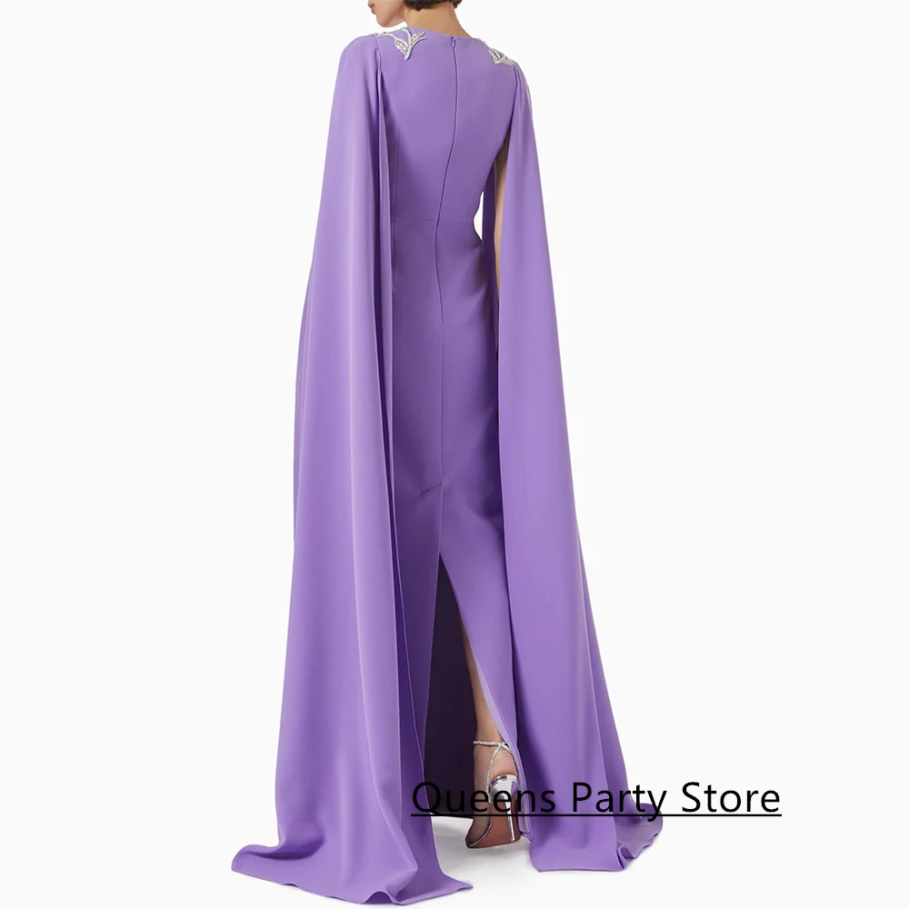 ลาเวนเดอร์ชุดราตรีที่กําหนดเองรอบคอ Cape ประดับด้วยลูกปัด Applique กลับแยก Arabian Party ชุดราตรี