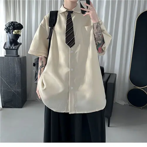 Camisa de corbata marrón de estilo coreano para hombre, camisa de manga corta, estilo Hong Kong, y2k, retro, drapeado, alta gama, top versátil informal