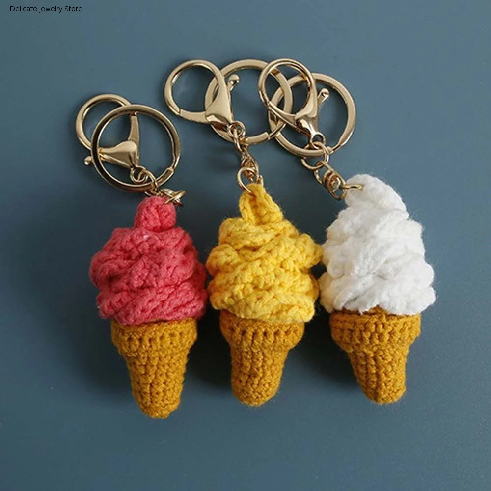 Jewelry Gift Handmaking Ice Cream Pendant Woven Cartoon Crochet Keychain Ice Cream Cone Mini Knitted Keyrings Friends Gift