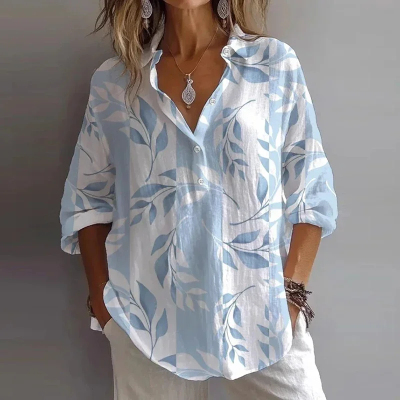 

Fashion Women Long Sleeve Blouses Spring Autumn Pattern Printed Button Shirt Women Casual Tee Loose Tops 2025