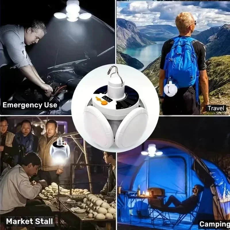 Lanterna da campeggio solare USB ricaricabile portatile tenda da esterno lampada pieghevole LED lampadine da calcio con gancio a sospensione lanterna portatile