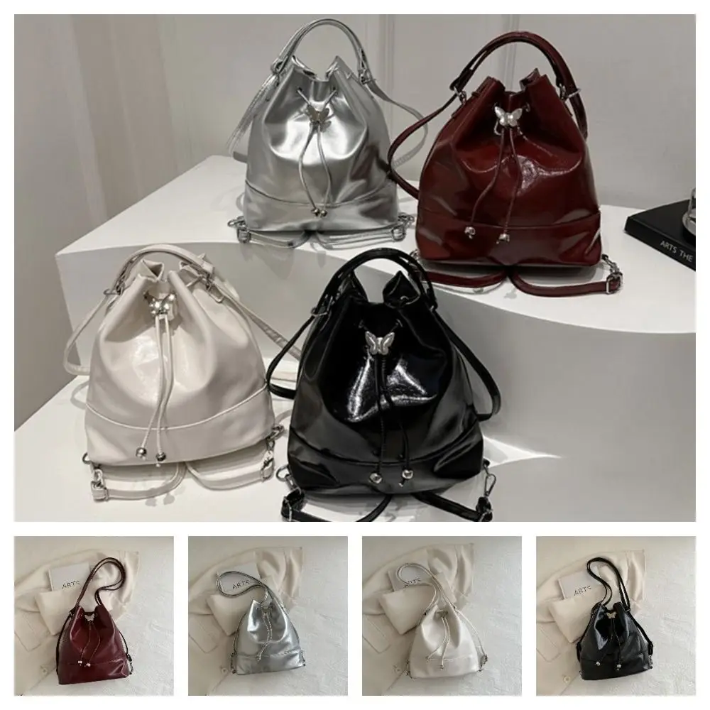 

Рюкзак из искусственной кожи с бантом в консервативном стиле, большой вместительный милый студенческий рюкзак для отдыха, однотонная сумка-ведро на шнурке для покупок