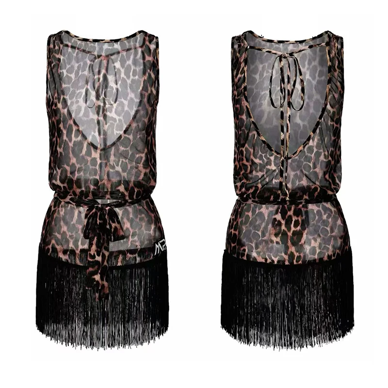 Summer Latin Dance Clothes Women Sleeveless Fringe Dress Backless Rumba Chacha Dance Practice Wear Black Leopard Dress SS2717