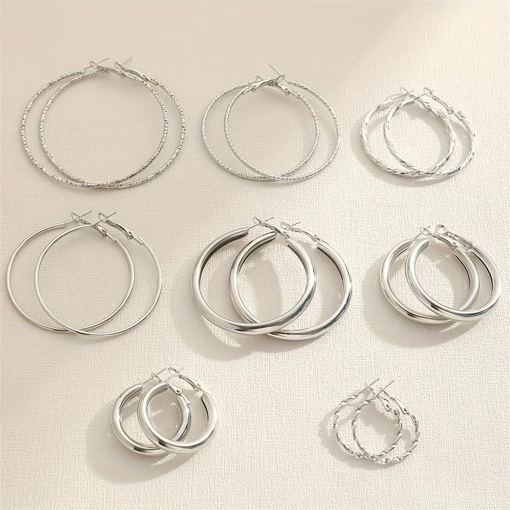 8 Pairs Set Of Hoop Earrings Alloy Jewelry Elegant Simple Style For Women  Daily Wear Delicate Set Gifts image 4