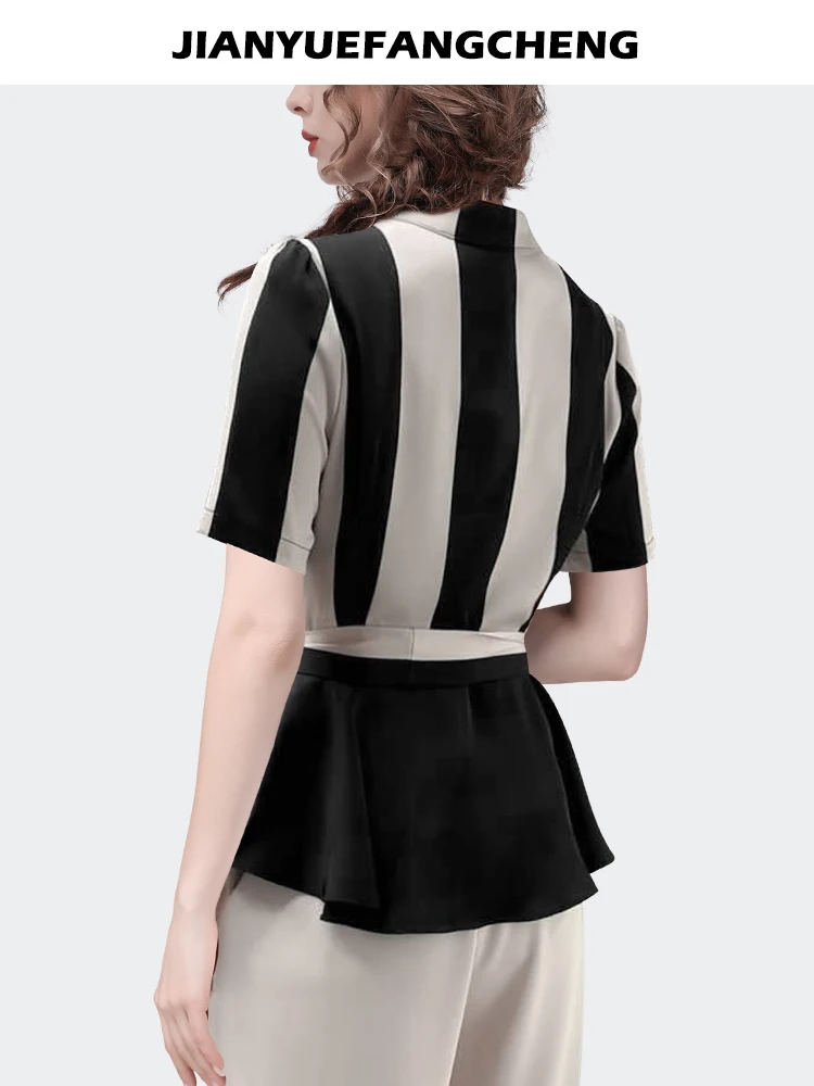 Fashion Women Short Sleeve Vertical stripe Satin Shirt 2023 Summer Tops Elegant Slim V-neck Belt Lace-up Casual Office Blouses