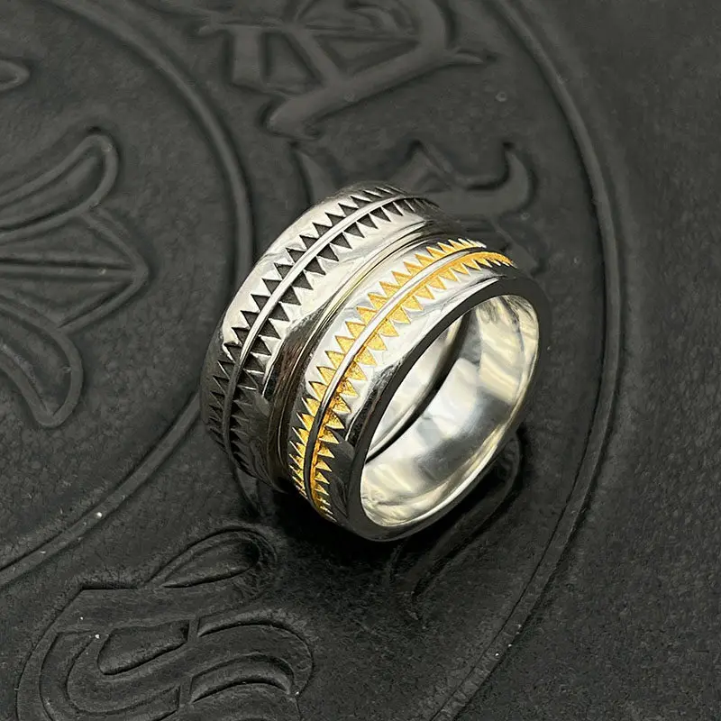 

S925 Sterling Silver Vintage Gold Totem Ring Room Gold Men and Women
