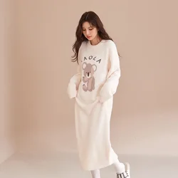 Autumn Winter Thicken Warm Soft Long Sleepwear Dress Women Homewear Long Sleeved Cute Cartoon Padded Nightgown Pyjamas Bath Robe