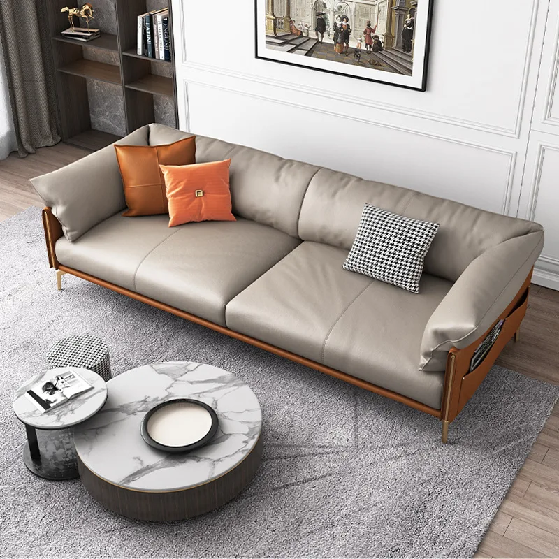 &* Modern Nordic Style Genuine Leather Sofa Set Coffee Table 3-Seater Office Couch High-Elastic Foam Sponge Customizable Color