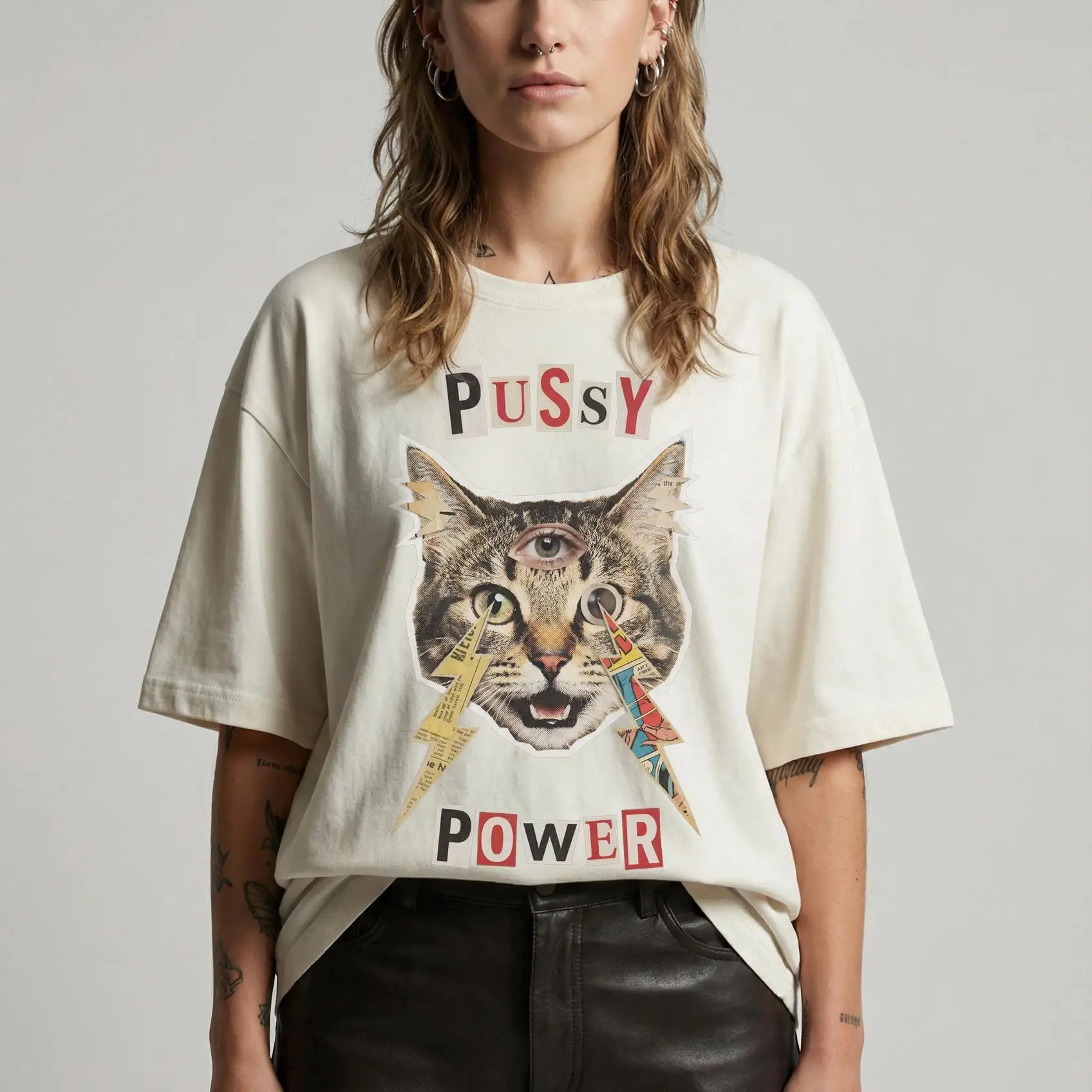 Pussy Power Tee, Feminist Cat Collage Shirt, Riot Girl Graphic, Gothic Third Eye Cat Top, Alt Y2K Aesthetic
