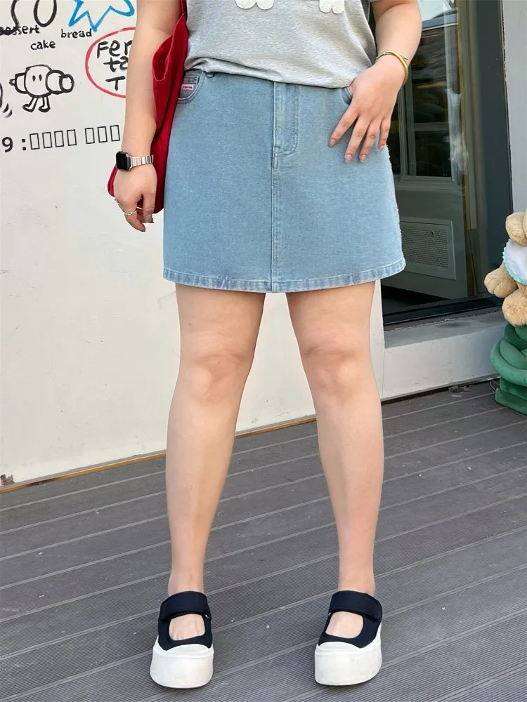 

Джинсовая юбка с высокой талией для полных женщин, укороченная, стройнящая, предотвращающая просвечивание, летняя, повседневная, из смесового хлопка и полиэстера