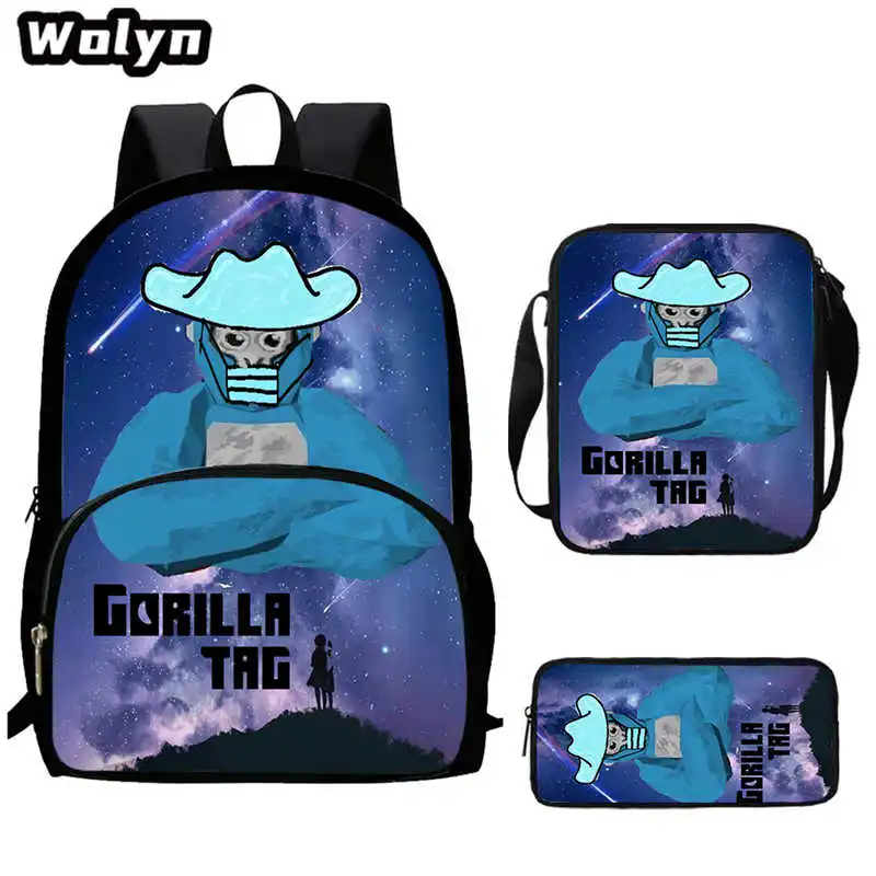 3Pcs Set Anime Gorilla Game Tag School Bags with Shoulder Bags Pencil Case for Grade 1-3,Cartoon School Bags for Boys Girls