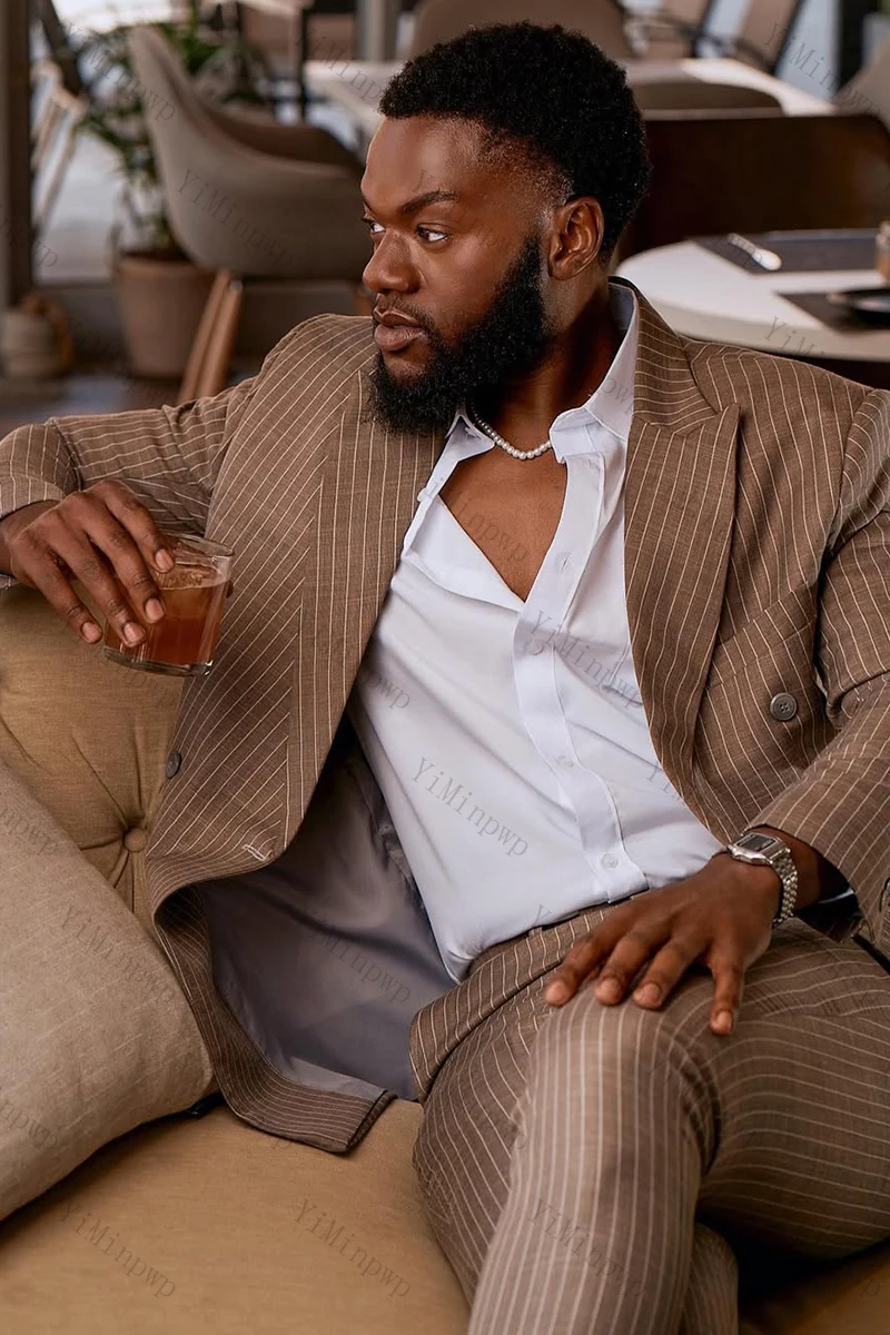 Yiminpwp terno listrado masculino marrom, 2 peças, lapela repicada, cetim, festa, único breasted, traje formal masculino para escritório XS-5XL