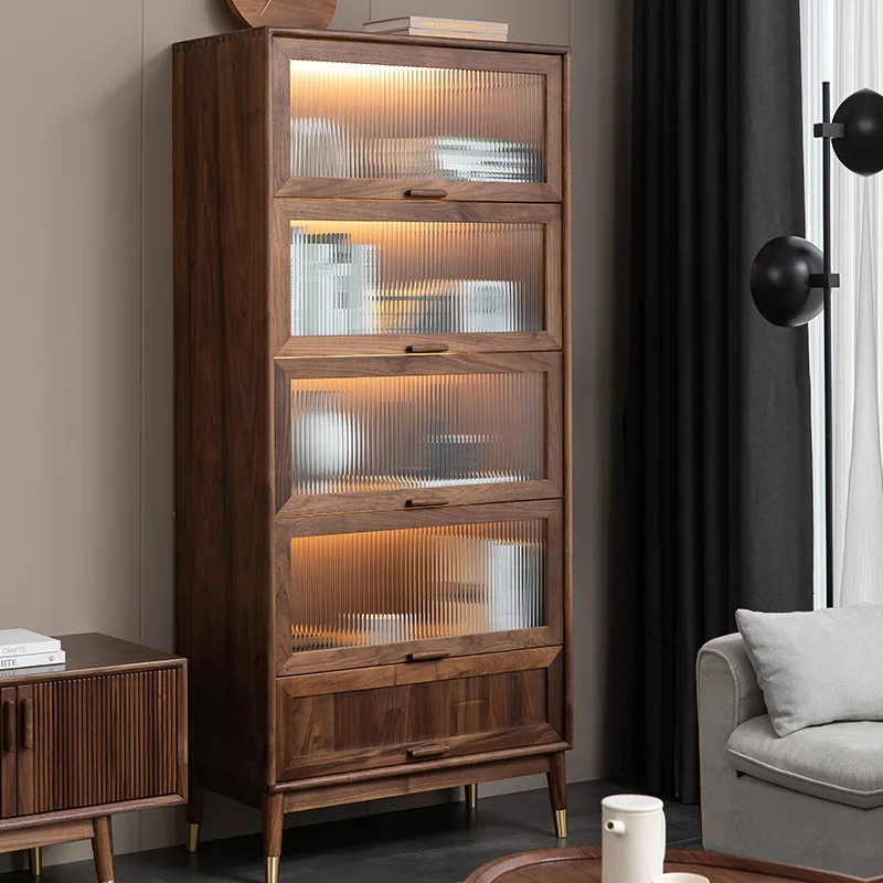 

Black walnut TV side cabinet, living room wall storage cabinet, sliding door storage display cabinet