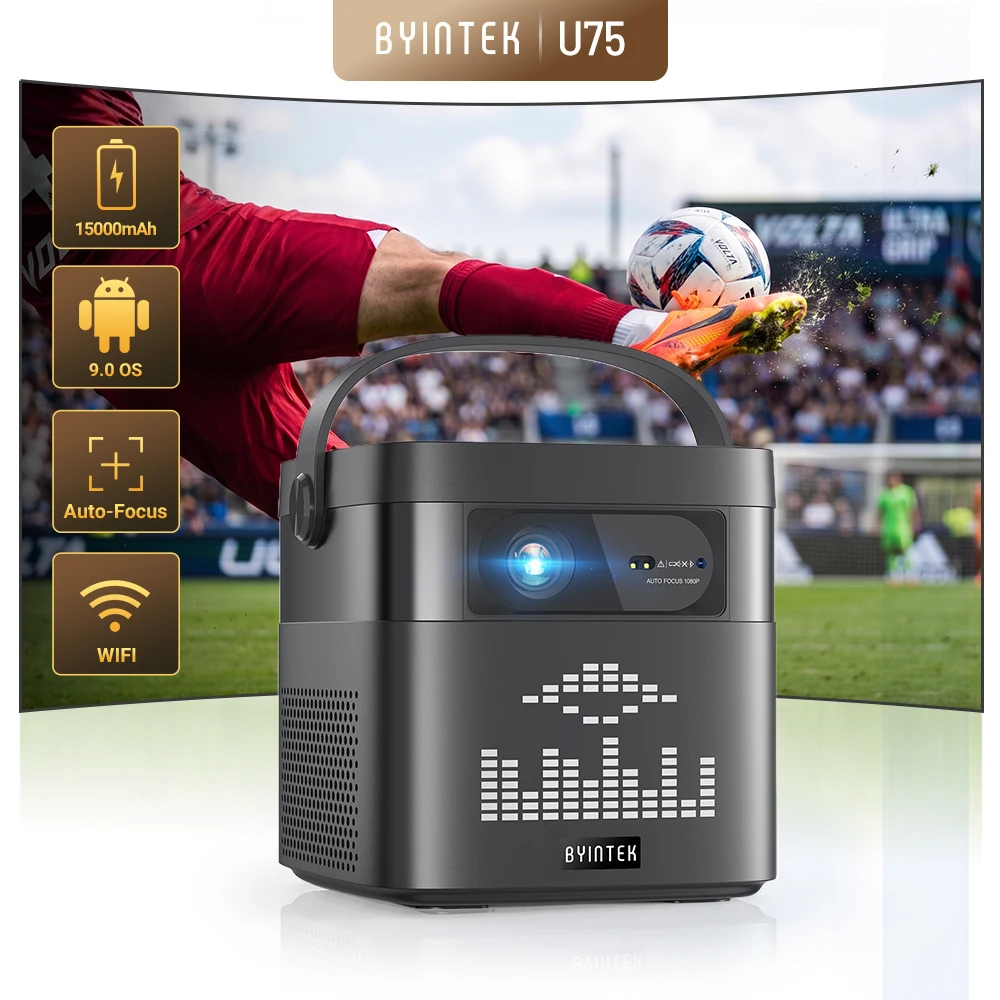 BYINTEK U75 Proyector portátil 4K 3D WiFi Full HD1080P 2 altavoces integrados de 10W Proyectores de cine en casa con batería de 15000mAh