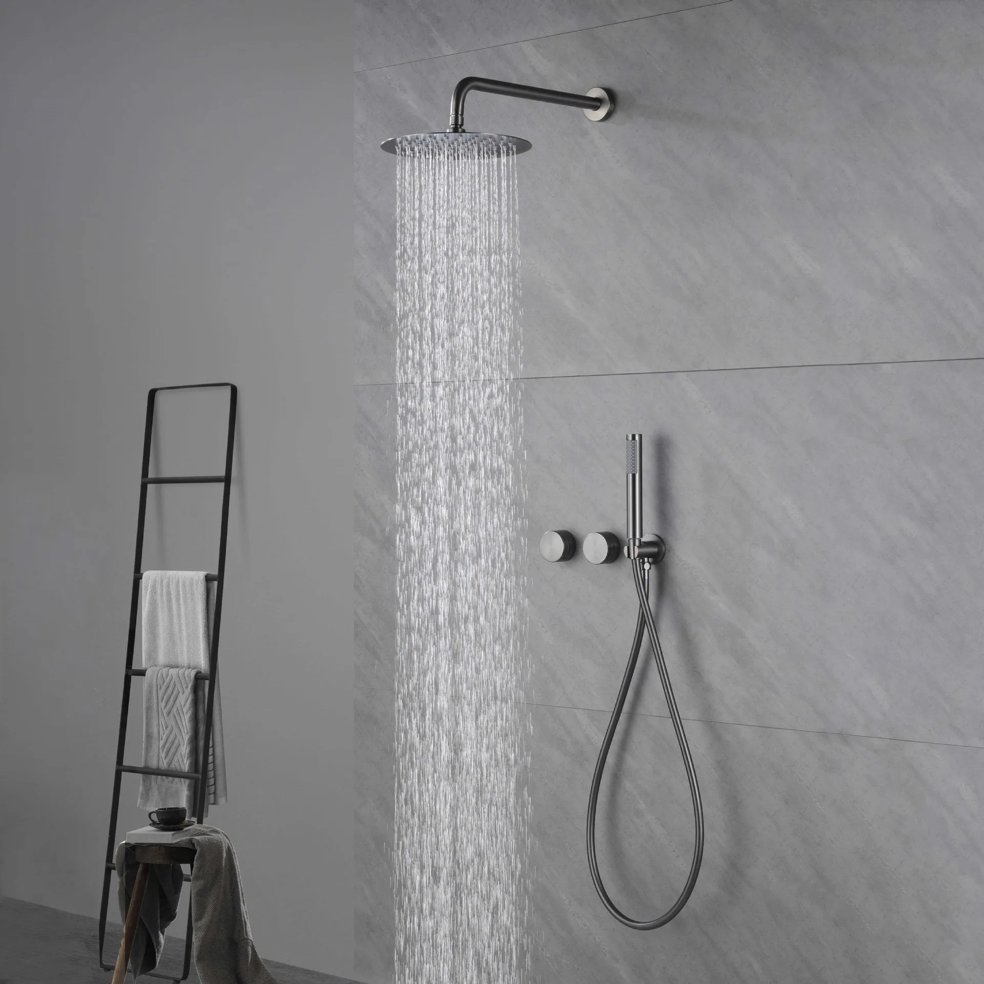 

Gunmetal Shower Faucet Set Bathtub Mixer Tap Wall Mount Rainfall Head Kit Solid Brass With Bath Spout 150/210/260MM Handshower